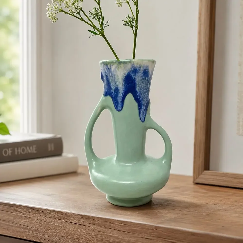 Vintage Double Handle Vase Mint Green Blue Drip Glaze Art Pottery 6.5